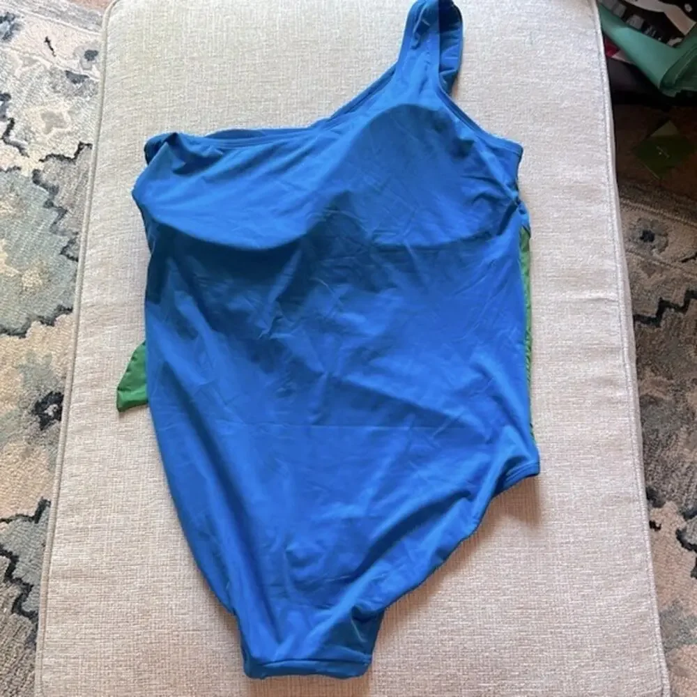 NWT City Chic Capri Ibiza blue and Absynth green sash one shoulder swimsuit, 20